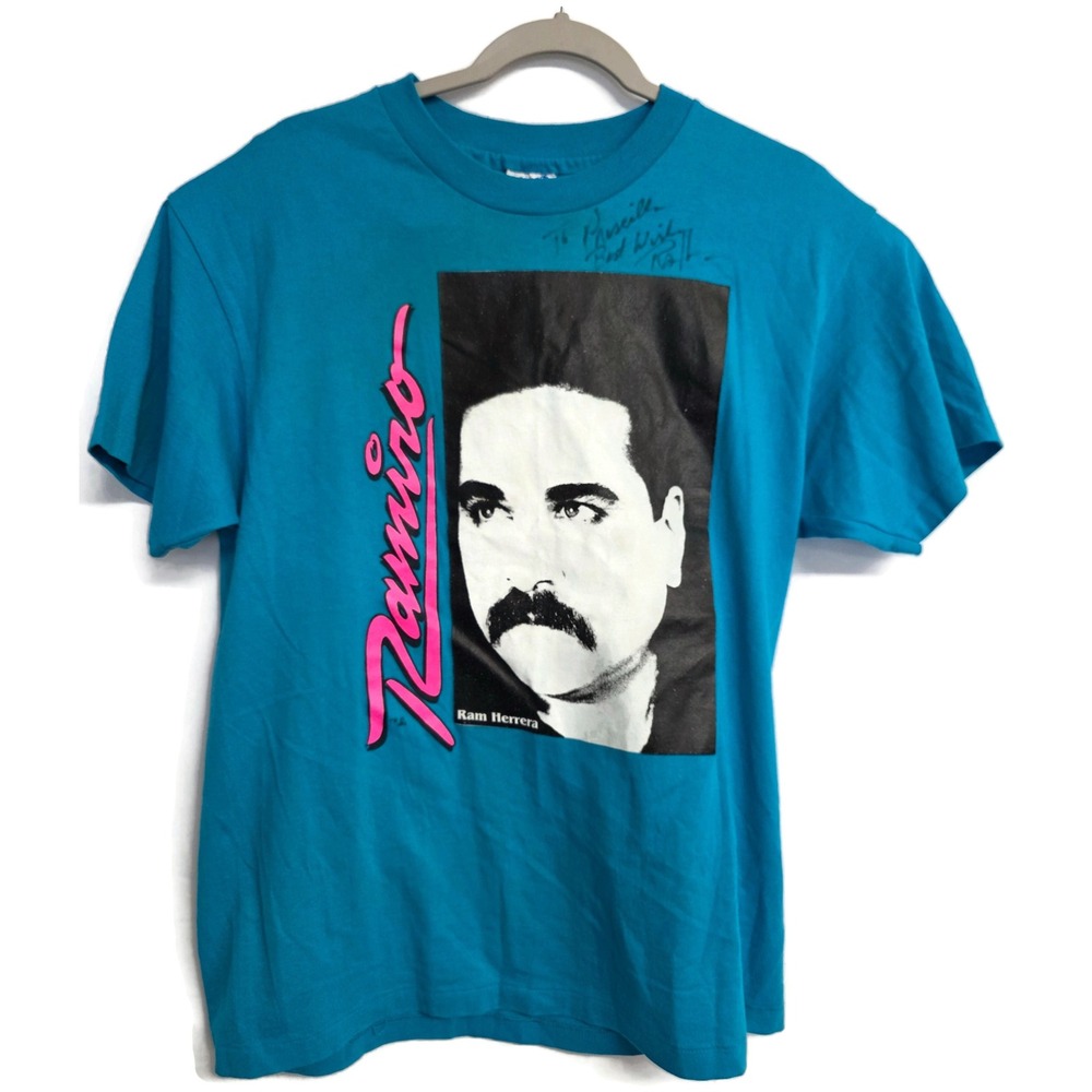 Vintage 1993 Ram Herrera Tejano Single Stitch T-Shirt Signed Hanes Large Teal